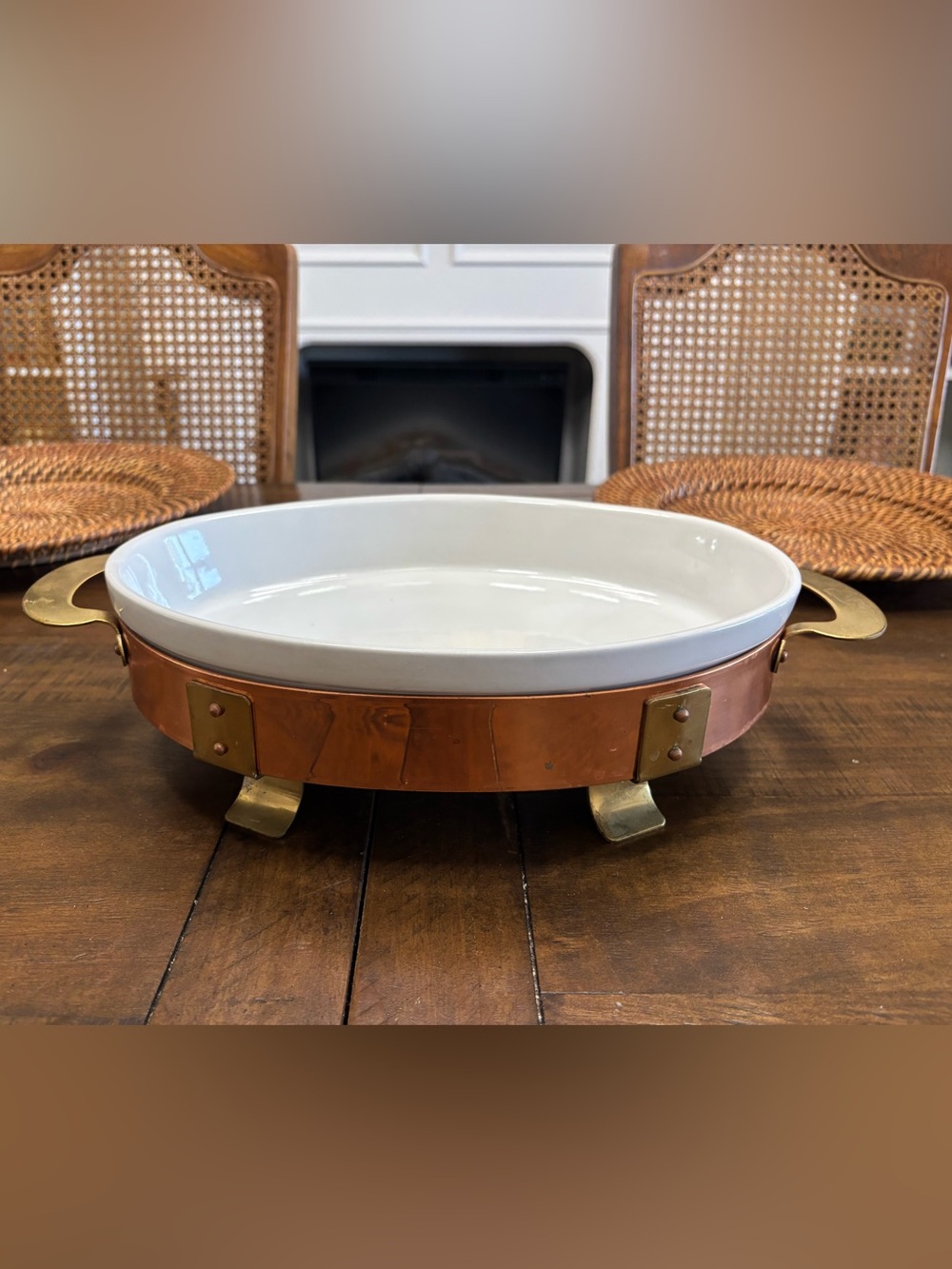 Vintage oval copper and brass serving tray with bowl insert
